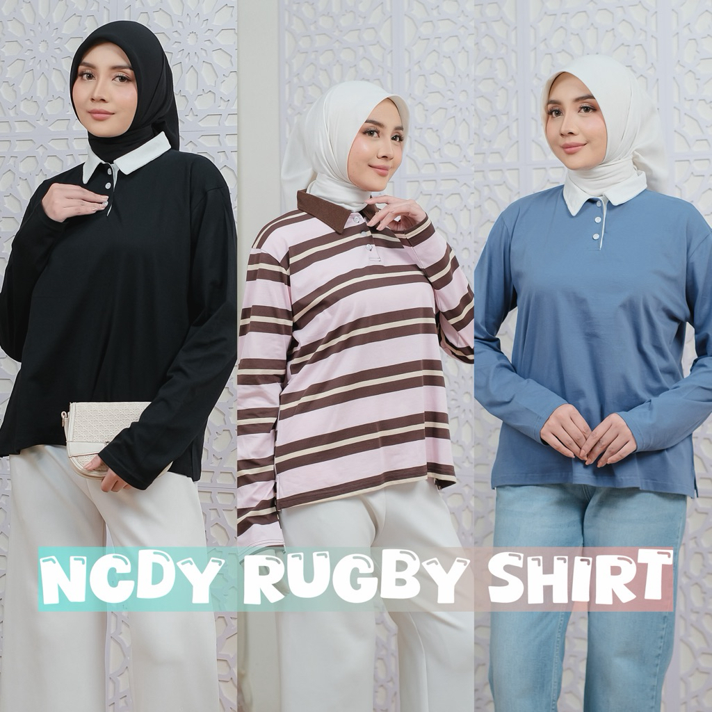 NCDY Rugby Shirt Atasan Wanita Berkerah Polo Stripe Top Polos T-shirt Unisex Cewek Cowok Bisa Pakai 
