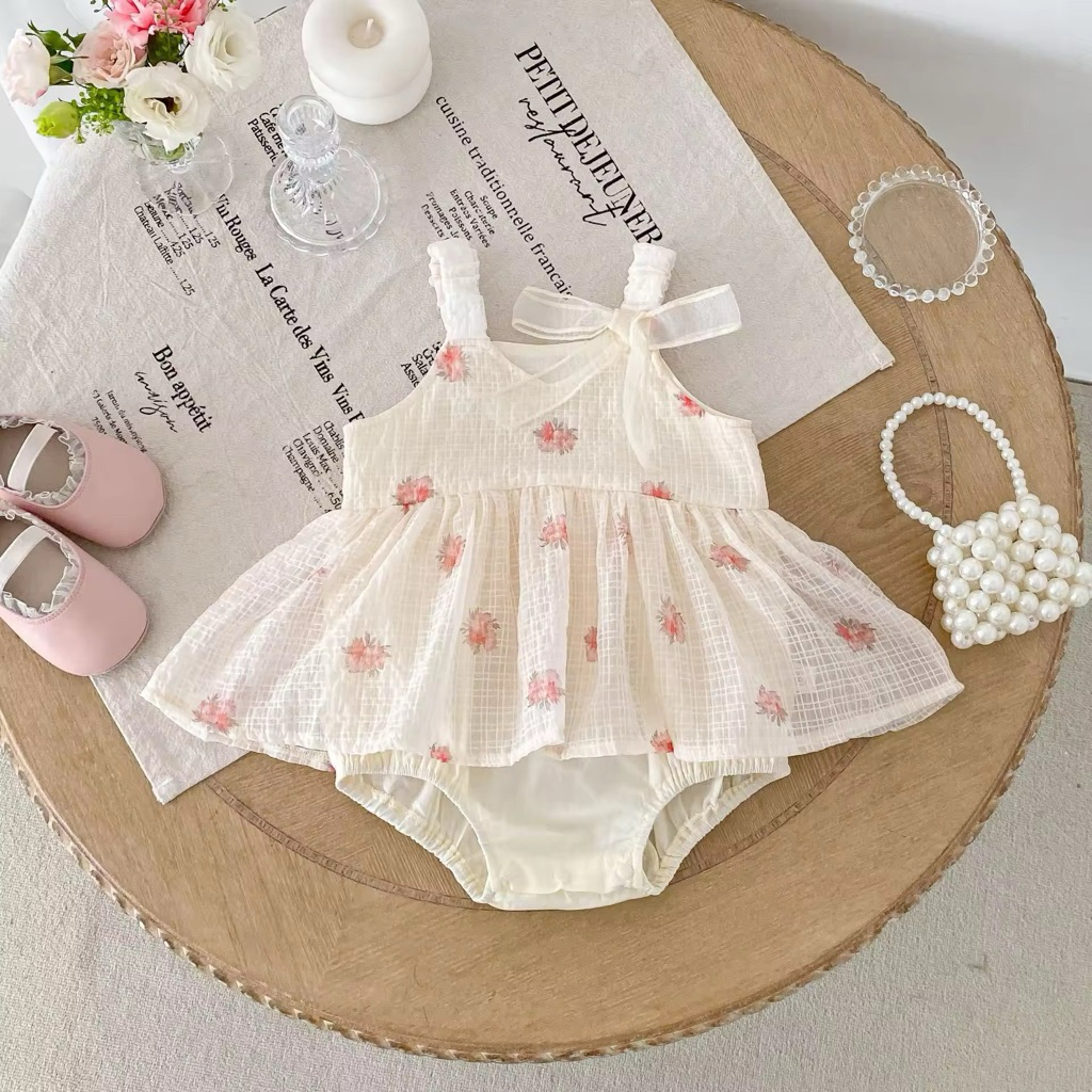 Romper Dress Bayi Perempuan Tali Motif Bunga - Jumper Gaun Anak Cewek Organza Grid Premium