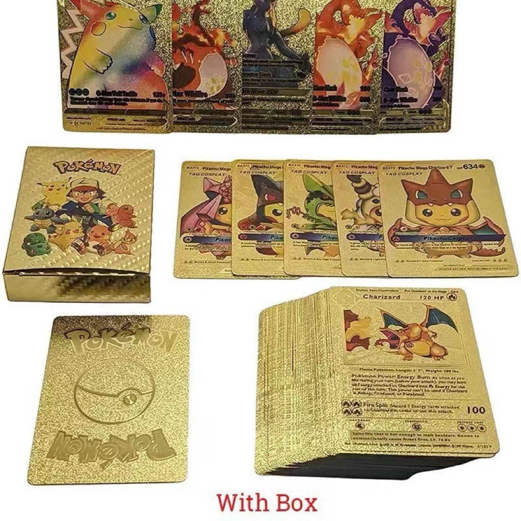kartu pokemon gold / 55pcs Kartu Pokemon Logam Emas Vmax GX Pokemon Emas Kartu Koleksi Anak anak