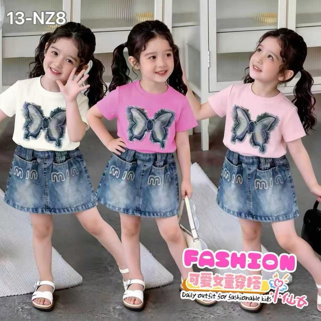 (K2 STORE) KZ217 ONE SET ROK JEANS MINI ANAK PEREMPUAN MOTIF BORDIR MIU MIU | BAJU KAOS MOTI KUPU-KU