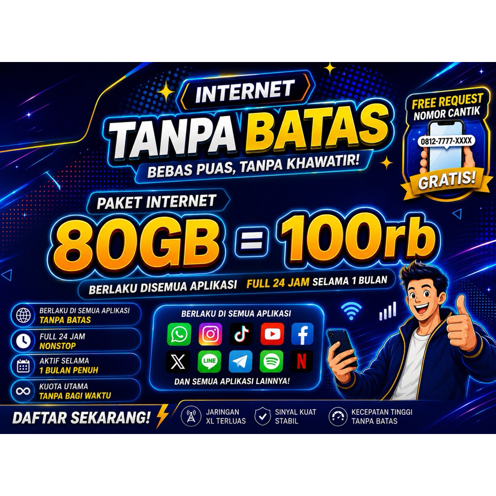 PAKET DATA XL MURAH 80GB 100RB KARTU KUOTA TERIMA REQUEST NO CANTIK