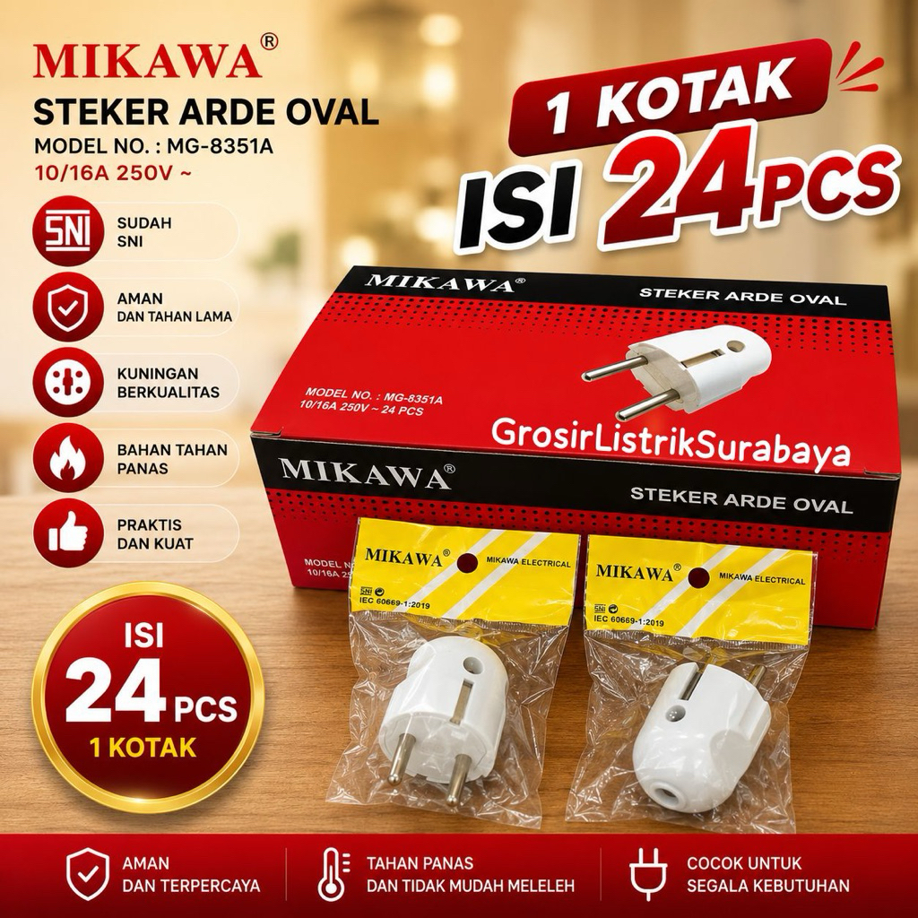 Steker Arde Oval terminal MIKAWA MG-8351A SNI 10/16A 250V Colokan Listrik (HARGA 1 KOTAK Isi 24PCS)