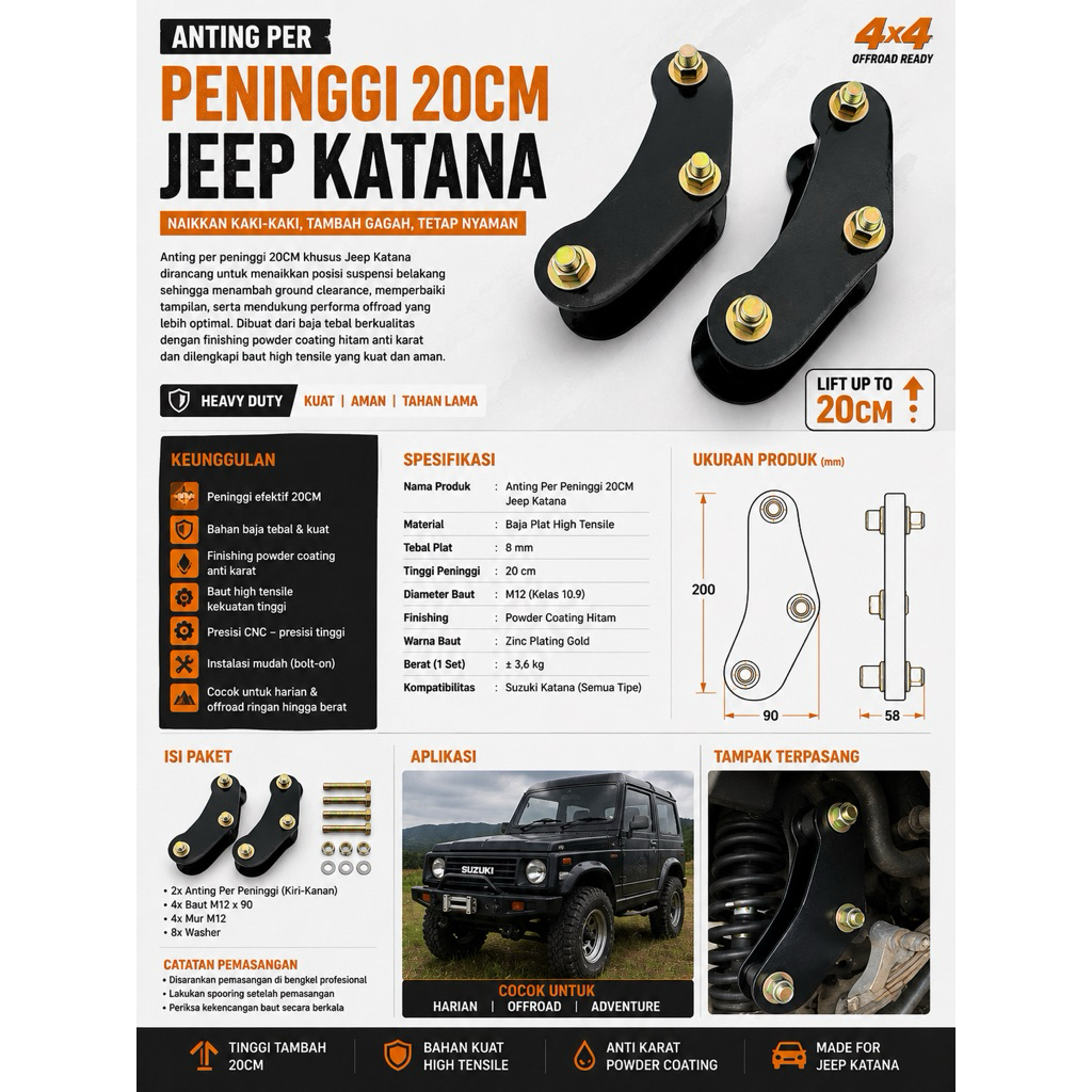 Anting Per Peninggi 20CM PNP Suzuki Katana SJ410 SJ413 | Lift Kit Heavy Duty Baja Tebal