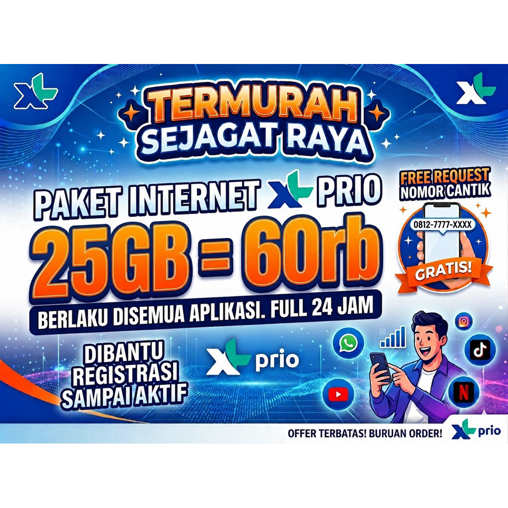 PROMO PAKET DATA XL 25GB 60RB FREE NOMOR CANTIK
