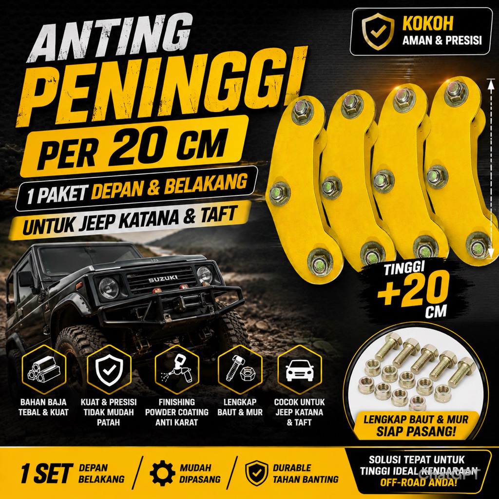 Anting Peninggi Per 20 CM Katana Jimny Taft 1 Set Depan Belakang Baja Tebal Lengkap Baut Mur