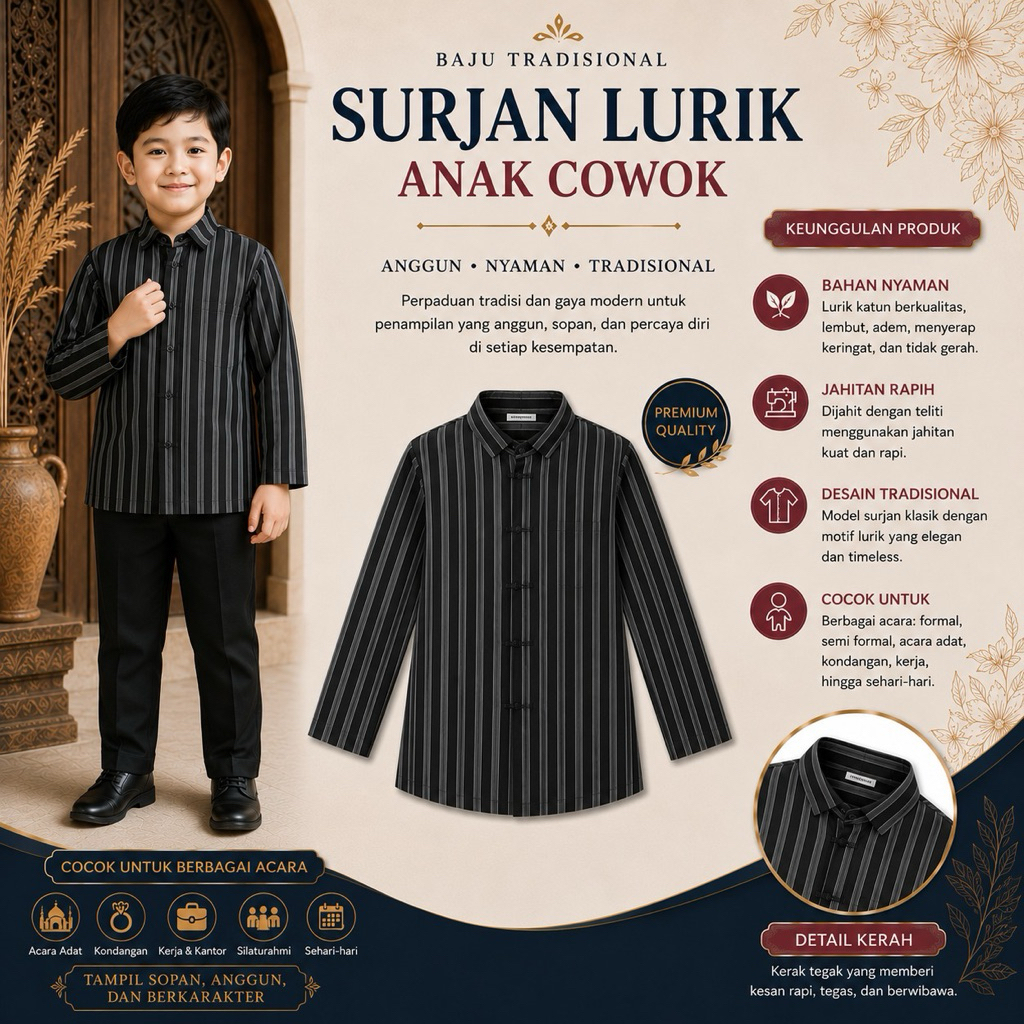 Surjan Lurik Anak Cowok Atasan Lurik Anak cowok Kemeja Lurik Anak Cowok Abu Abu