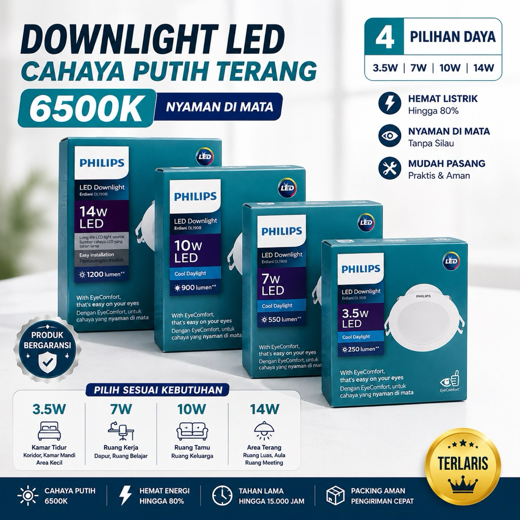 PHILIPS Downlight LED 6500K SUPER TERANG | Lampu Plafon Rumah Hemat Listrik Original 3.5W 7W 10W 14W