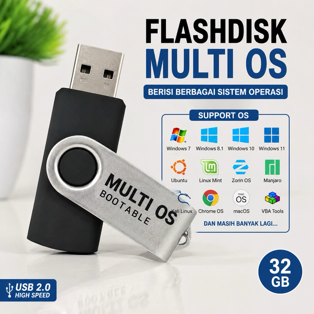 FLASHDISK BOOTABLE MULTI OS 64GB | Windows 10, Windows 11, Linux, Recovery Tools