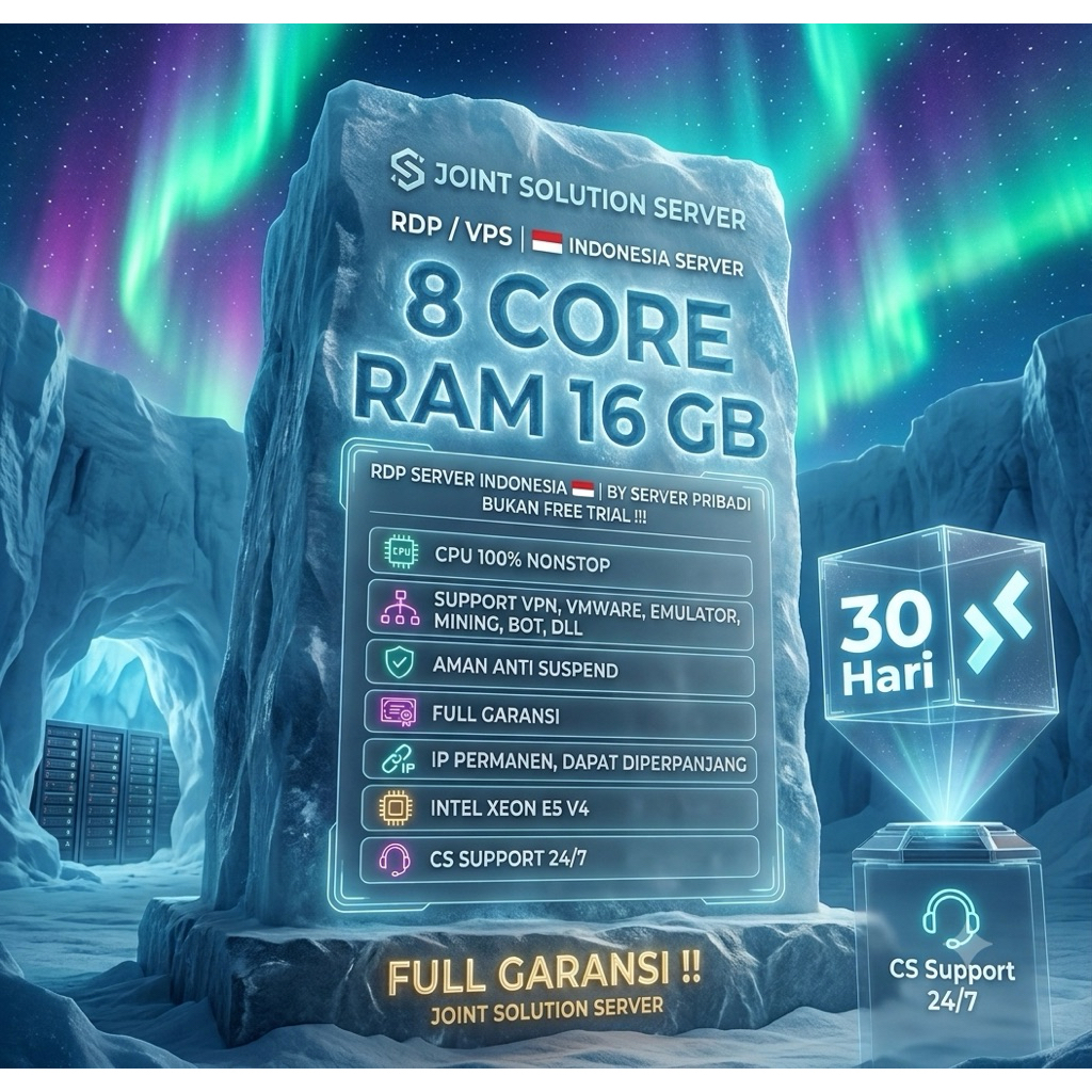 RDP VPS CORE 8 RAM 16GB MINGGUAN ATAU BULANAN FULL GARANSI SEVER INDONESIA