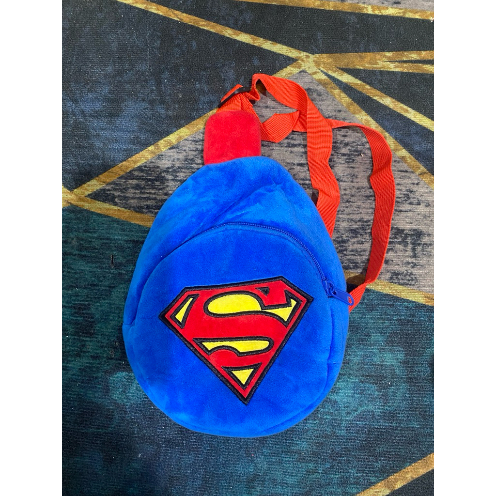 PL Tas Selempang Sling Bag Bulu Motif Superman Anak Cowok Biru Uk 15x22x6cm. BU