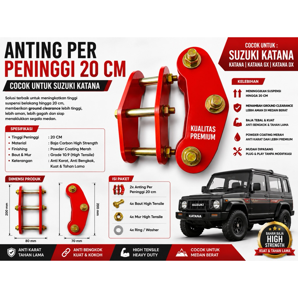 Anting Per Peninggi 20cm Suzuki Katana | Lift Kit Suspensi Belakang | Baja High Strength Anti Karat