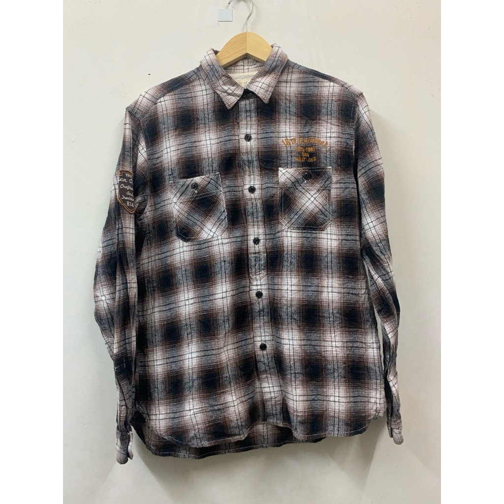 BACK NUMBER PLAID VETERANO BROWN FLANNEL OUTER SHIRT | Atasan Kemeja kotak coklat Vete