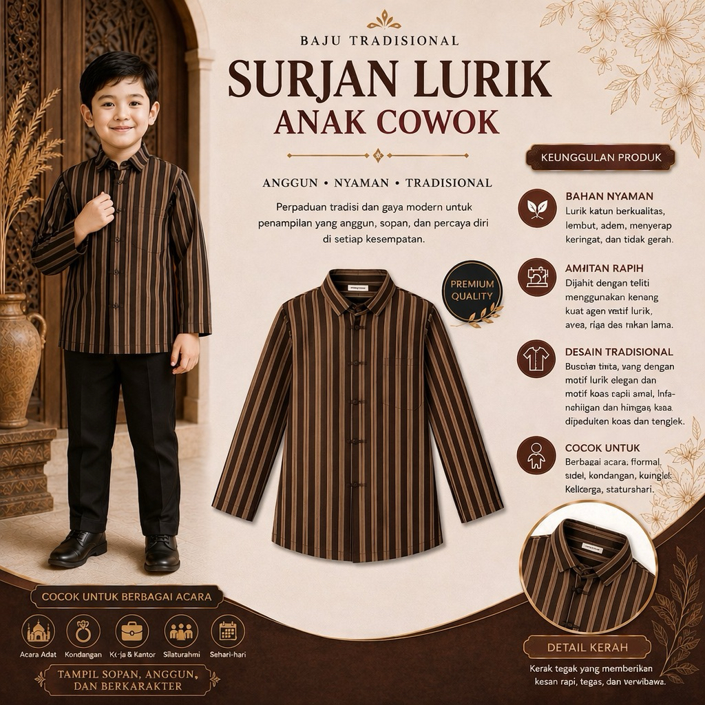 READY STOCKBAJU ADAT JAWA LURIK ANAK COKLAT/KOSTUM ADAT/SURJAN ANAK/KEMEJA LURIK/BAJU LURIK ANAK COW