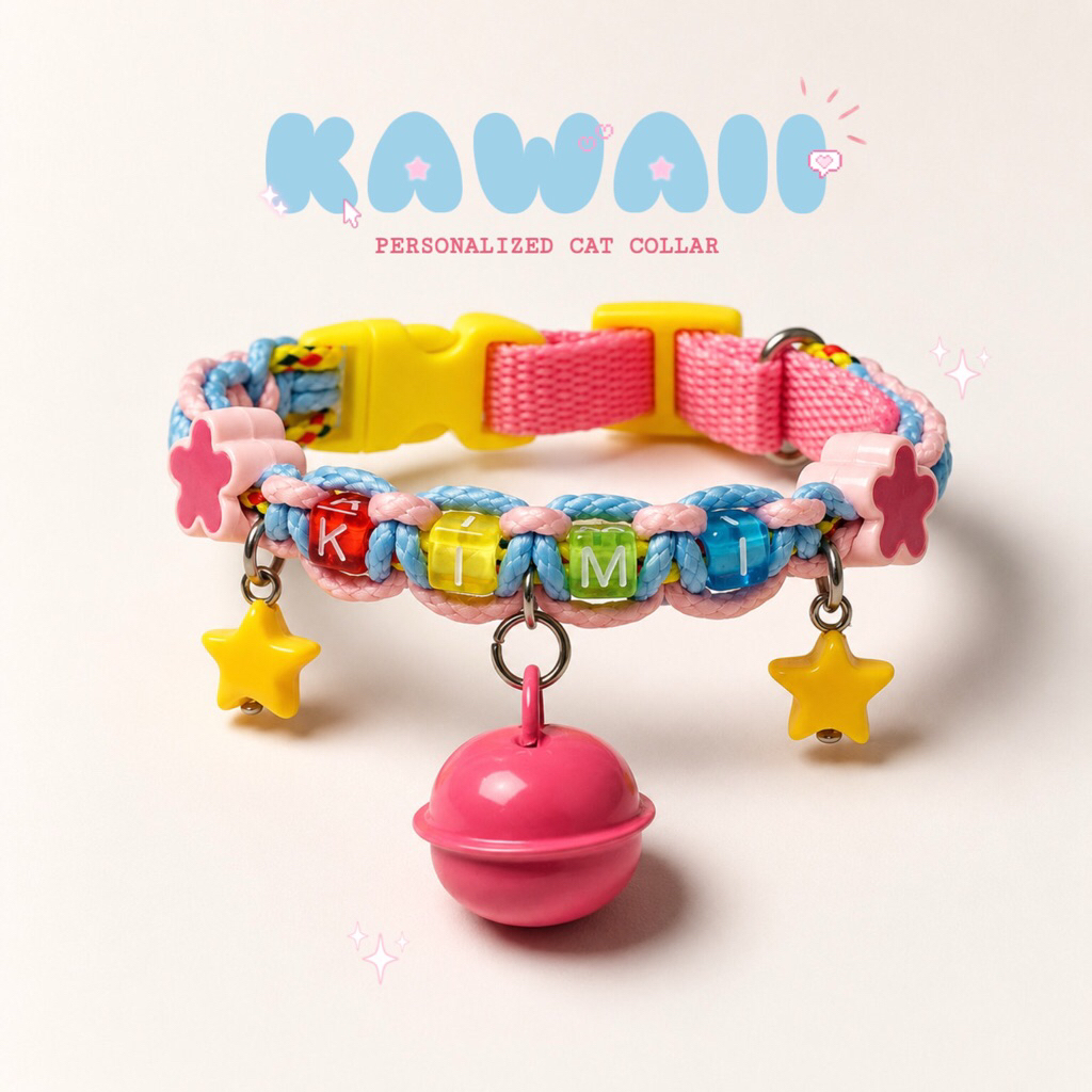 NONGFUU | Kalung Kucing Kawaii dengan Custom Nama Terbuat dari Simpul Tali Paracord Warna Pastel Pin