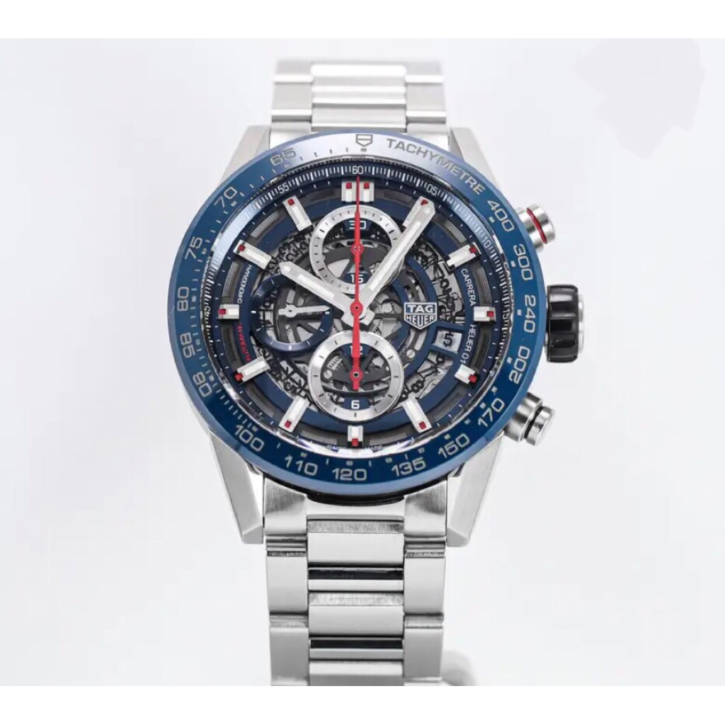 jam tangan pria TAG HEUER Carrera 01 Skeleton Blue Bezel Bracelet ori