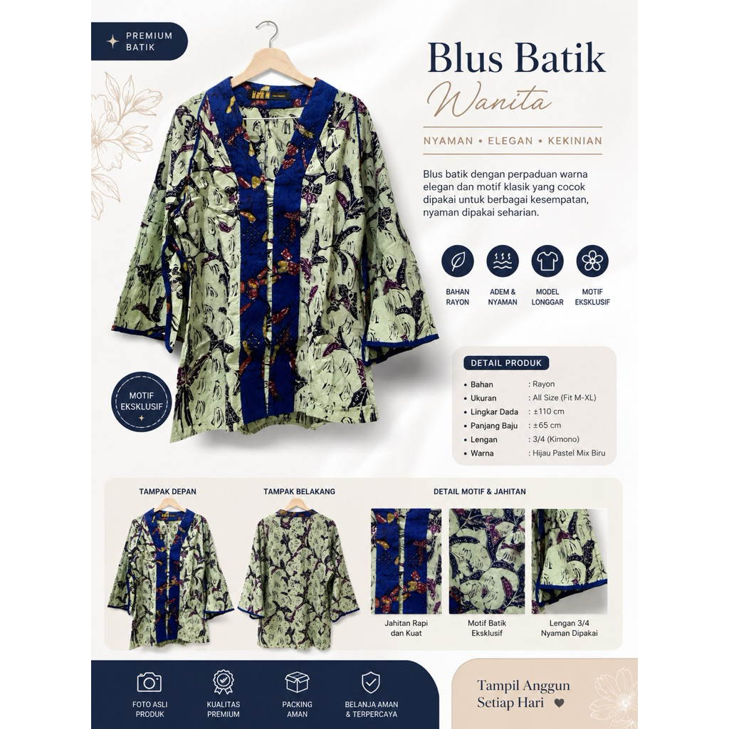 Blouse Batik Wanita Rayon Premium Motif Elegan Hijau Pastel Mix Navy