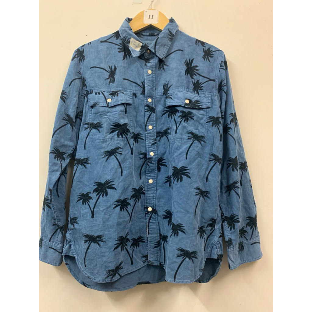Bayflow Corduroy Shirt | Atasan kemeja Cordu motif pohon kelapa - biru/navy