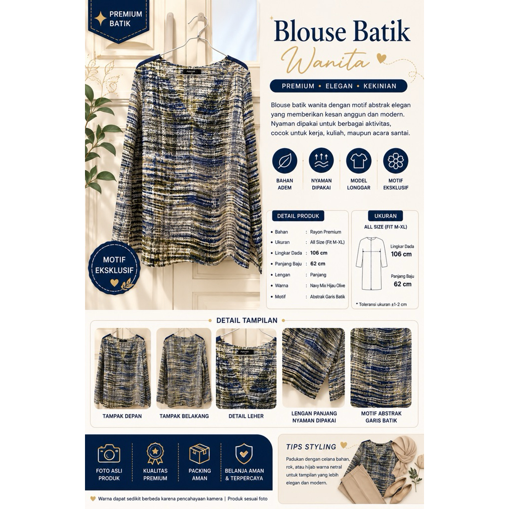 Blouse Batik Wanita Rayon Premium Motif Abstrak Navy Olive