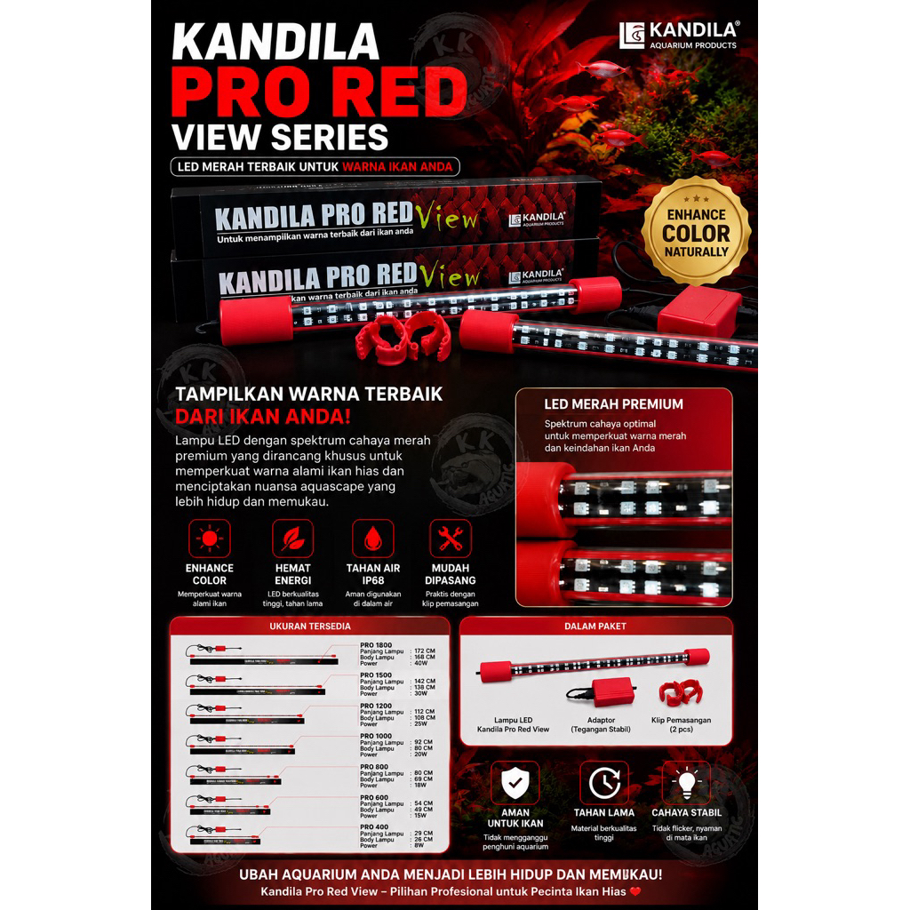 Lampu LED Aquarium Kandila Pro Red - Cahaya Alami, Warna Merah Menonjol, Daya Tahan Tinggi