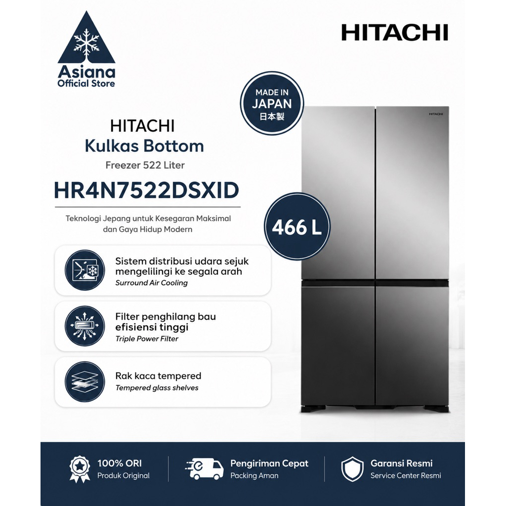 HITACHI Kulkas Bottom Freezer 522 Liter HR4N7522DSXID