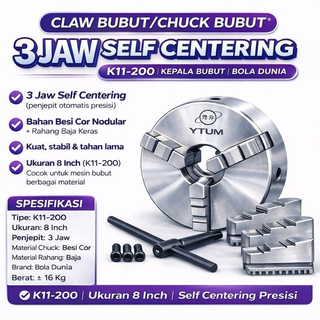 Claw Bubut 8” 3 Jaw Bola Dunia / Chuck Bubut 8 Inch 3 Jaw Self Centering | Kepala Bubut Besi Cor Nod