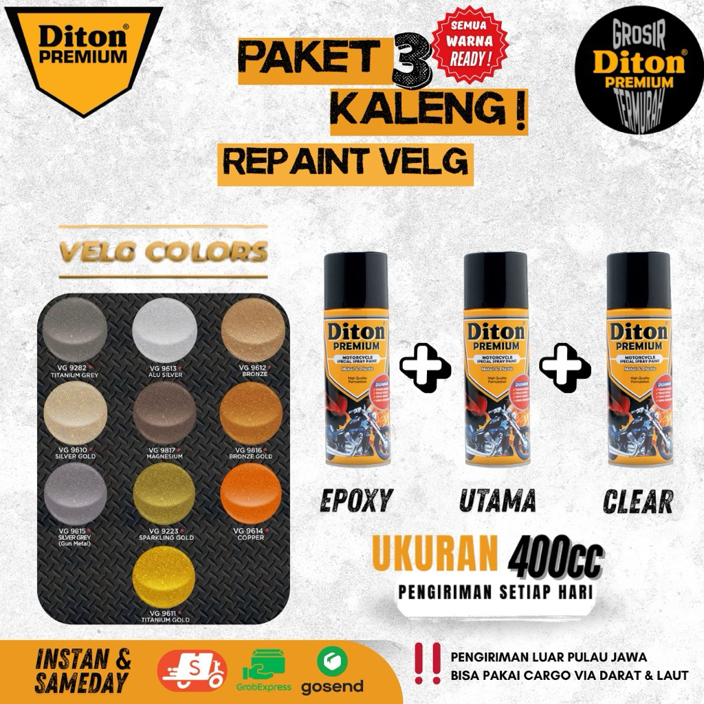 DITON PREMIUM - PAKET 3 KALENG REPAINT VELG CAT SEMPROT (400CC) READY SEMUA WARNA – Epoxy + Warna Ut
