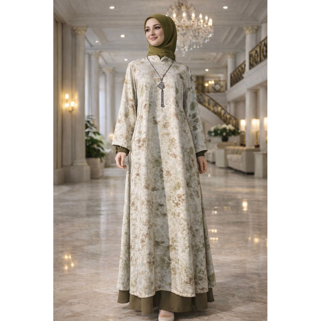 Gamis Model Malaysia motif / Gamis baju Muslim warna army