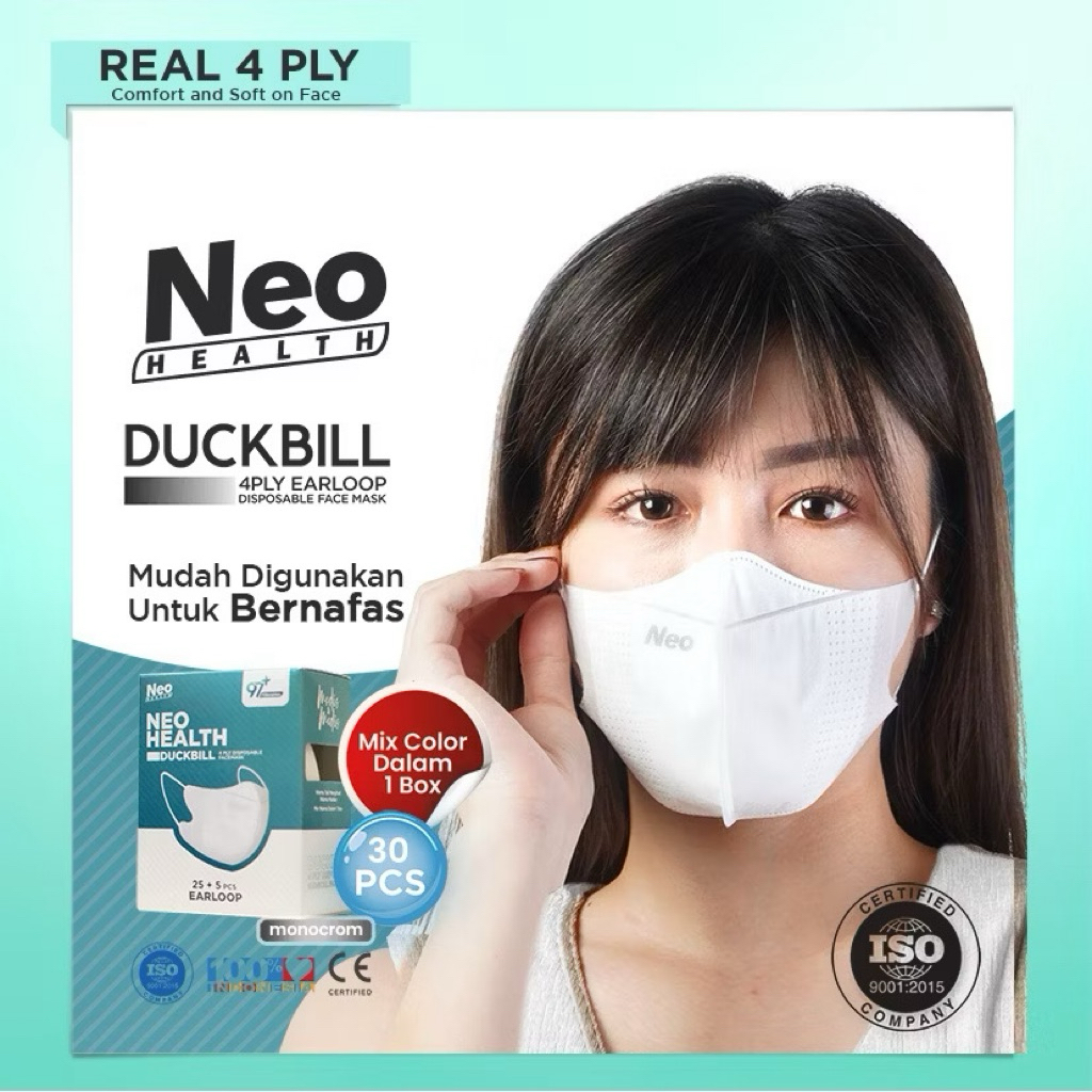 Masker Neo Health Duckbill 4 Ply Perbox Isi 30 pcs Warna Hitam Putih - Masker Medis Duckbill Earloop