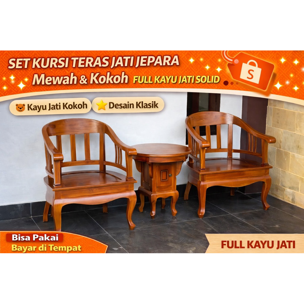 Set Kursi Teras Kayu Jati Minimalis 2 Kursi + Meja Sudut Kursi Tamu Teras Ukiran Jepara