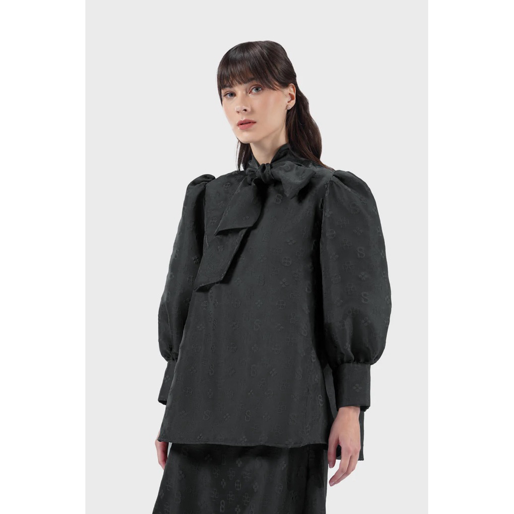 Buttonscarves Cassey Monogram Blouse With Bow - Black