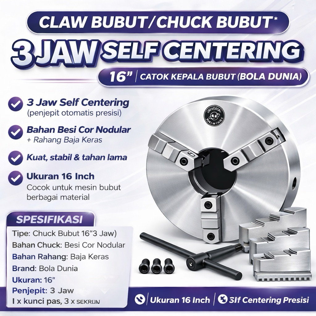 Claw Bubut 16” 3 Jaw Bola Dunia / Chuck Bubut 16 Inch 3 Jaw Self Centering | Kepala Bubut Besi Cor N