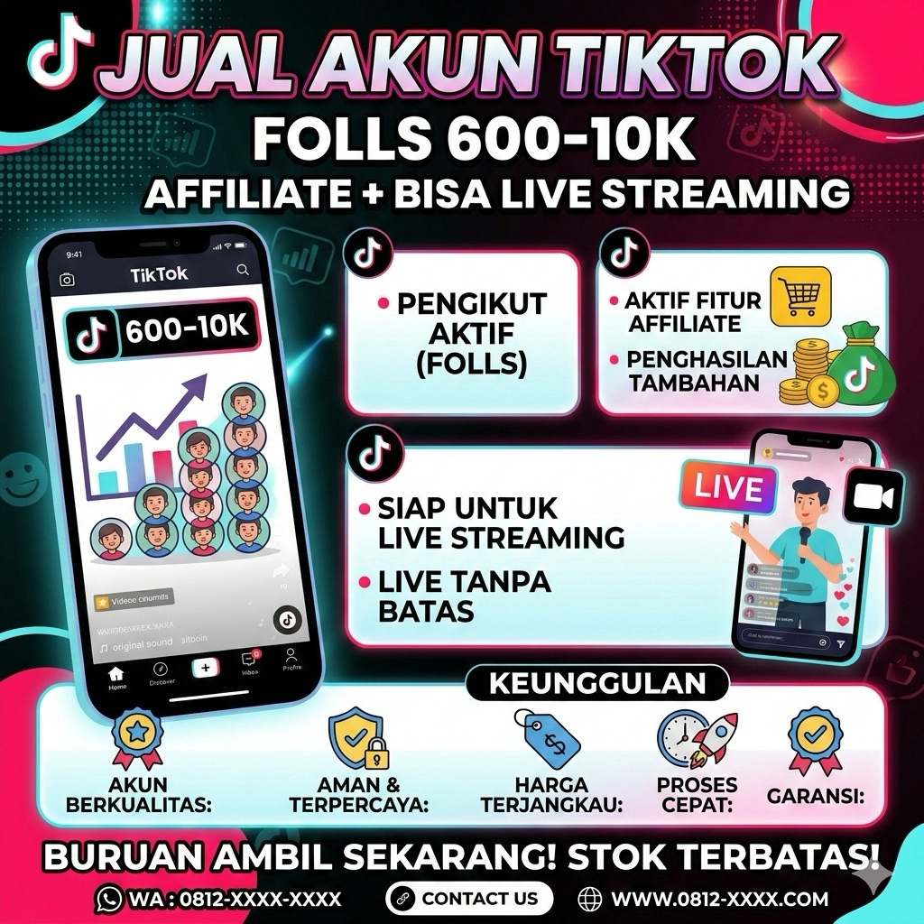 JUAL AKUN TIKTOK FOLLS 600-10K AFFILIATE + BISA LIVE STREAMING