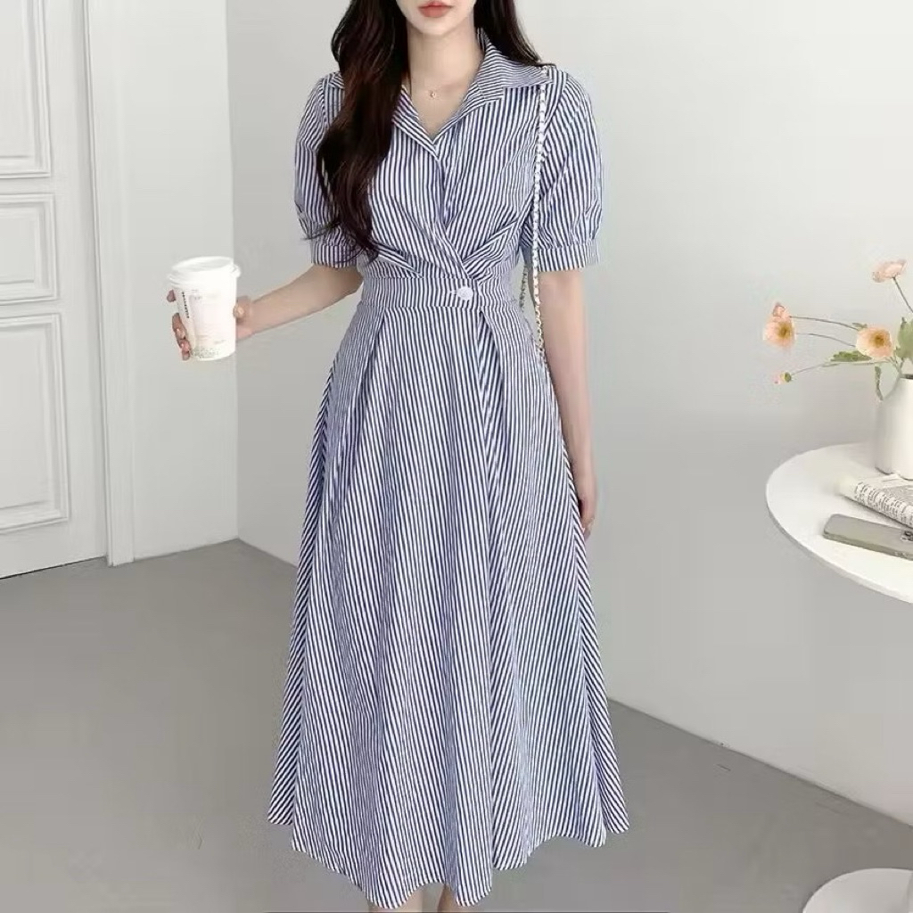 Dress  Lengan Pendek / Dress kekinian Formal / Dress Catton Salur