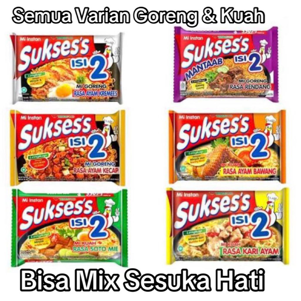 MIE SUKSES isi 2 Mie Goreng & Kuah (1 Dus isi 24pcs) Aceh Geprek Kremes Kecap Soto Ayam Kari Food No