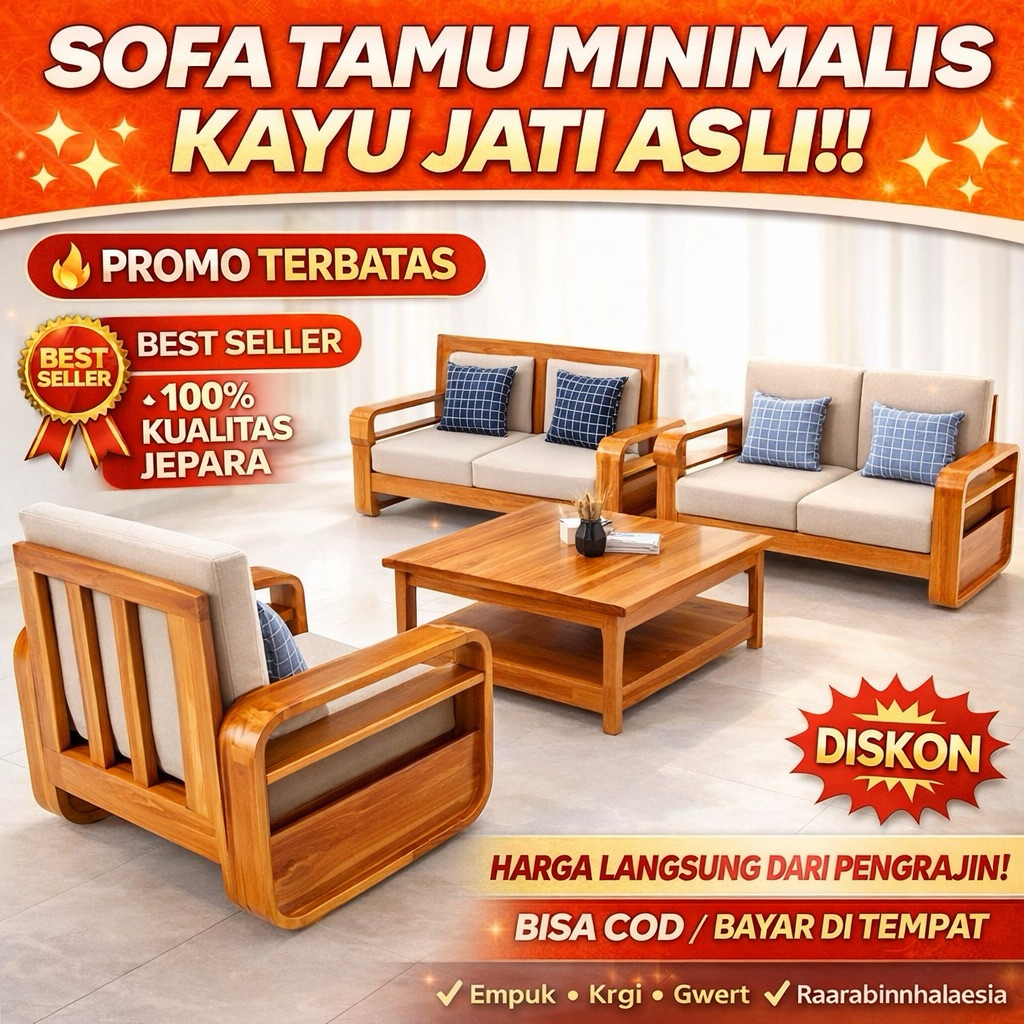 Kursi Tamu Minimalis Kayu Jati Set Sofa 321 Busa Empuk Modern Elegan Jepara