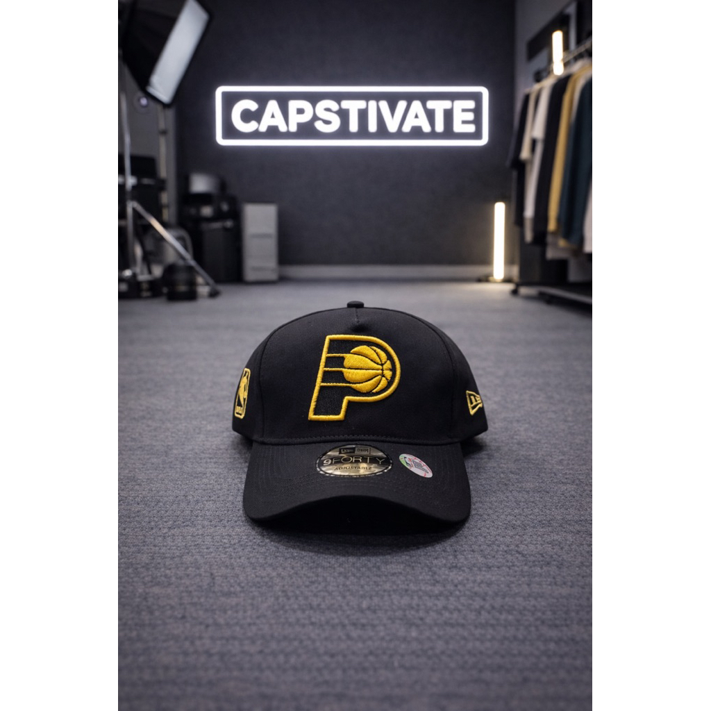 New Era Topi NBA Indiana Pacers 9FORTY A-Frame Baseball Hitam dengan Logo Yellow Premium Quality
