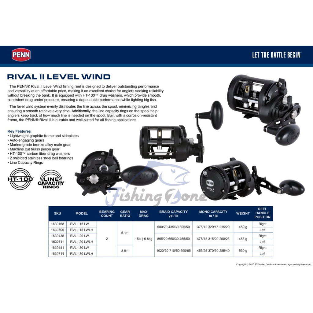 Reel Pancing Penn Rival II Level Wind LW 15 20 30 – Reel Laut Trolling Dasaran Jigging, Drag Kuat HT