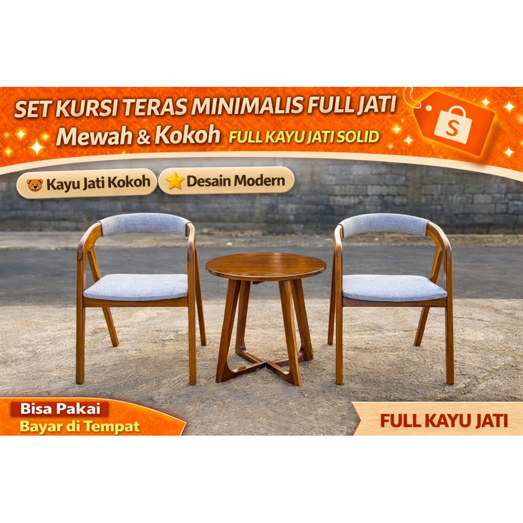 Set Meja Cafe Bulat Kayu Jati 2 Kursi Minimalis Sandaran Lengkung Kursi Teras Cafe