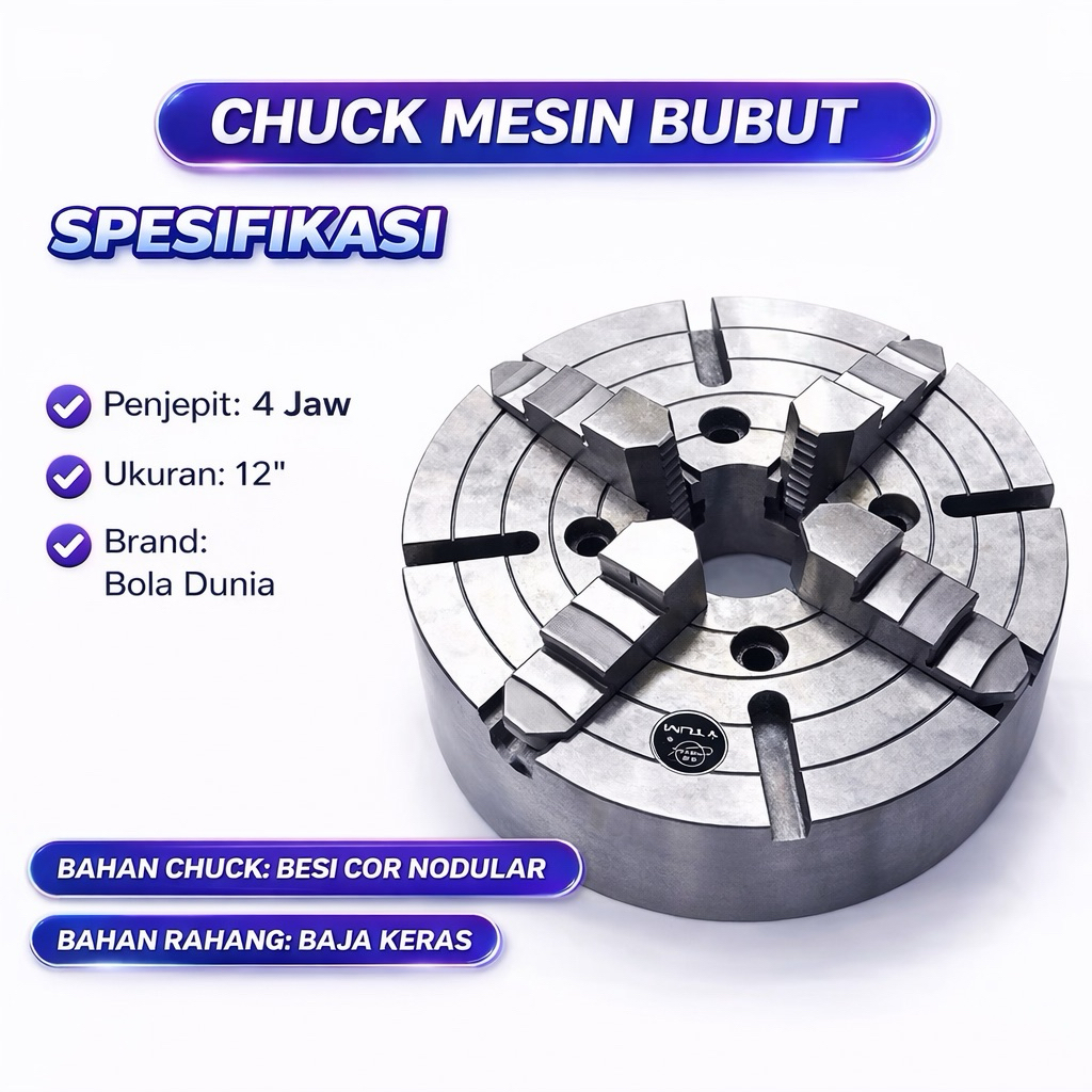 Claw Bubut 12” 4 Jaw Bola Dunia / Chuck Bubut 12 Inch 4 Jaw Self Centering | Klow Bubut Besi Cor Nod