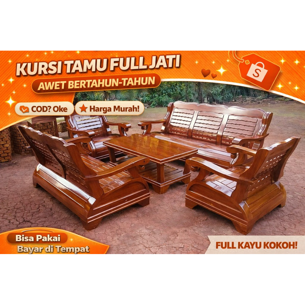 Kursi Tamu  gajah Kayu Jati Set 311 Minimalis Elegan Finishing Glossy + Meja