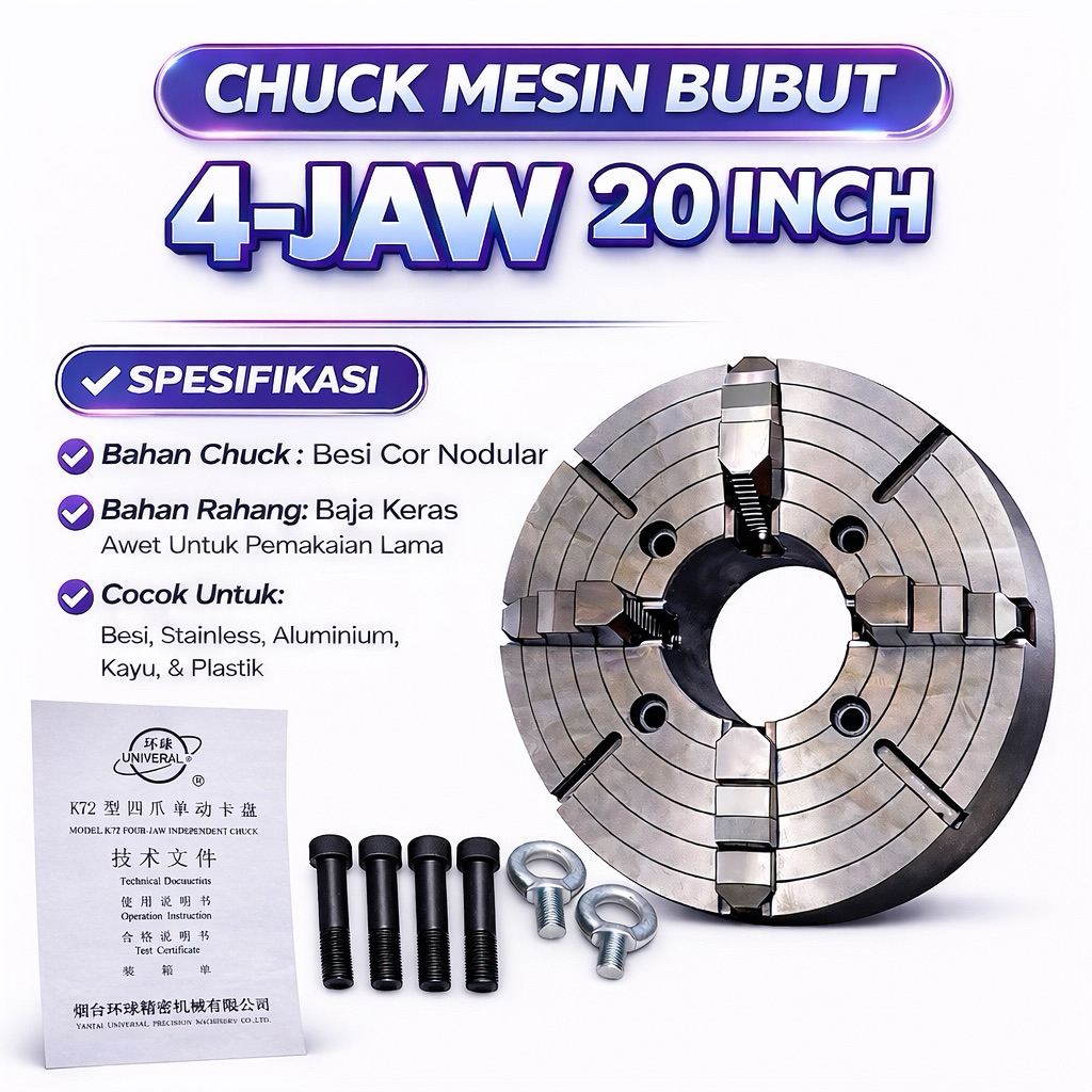 Claw Bubut 20” 4 Jaw Bola Dunia / Chuck Bubut 20 Inch 4 Jaw Self Centering | Kepala Bubut Besi Cor N