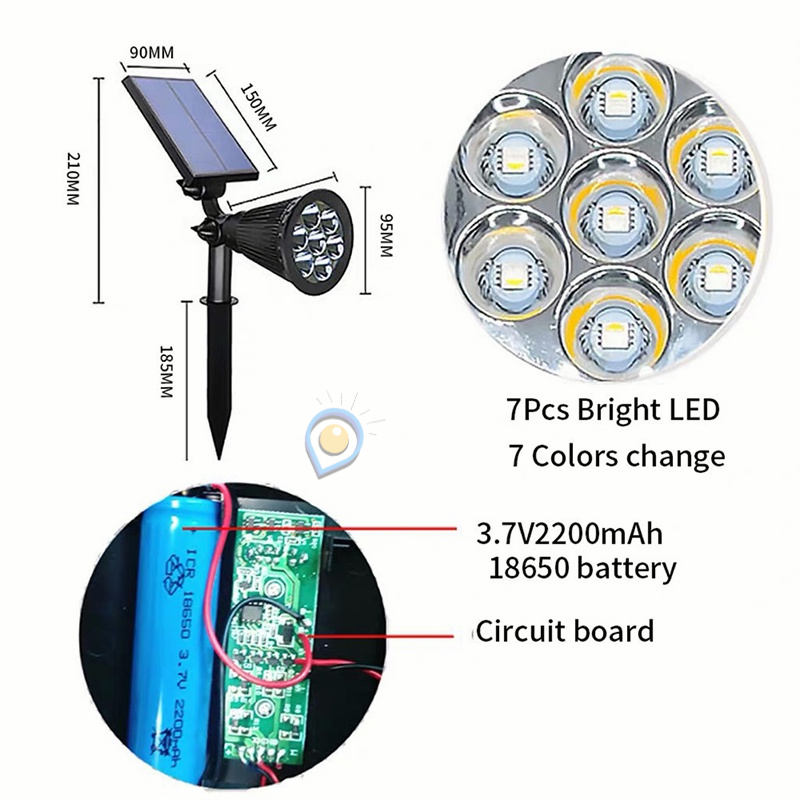 Lampu Taman Tenaga Surya 7 LED Warna Warni Solar Cell Panel Lampu Sorot Super Terang Outdoor Lampu Energi Matahari Kebun Hias Sorot Tenaga Surya Sensor Matahari