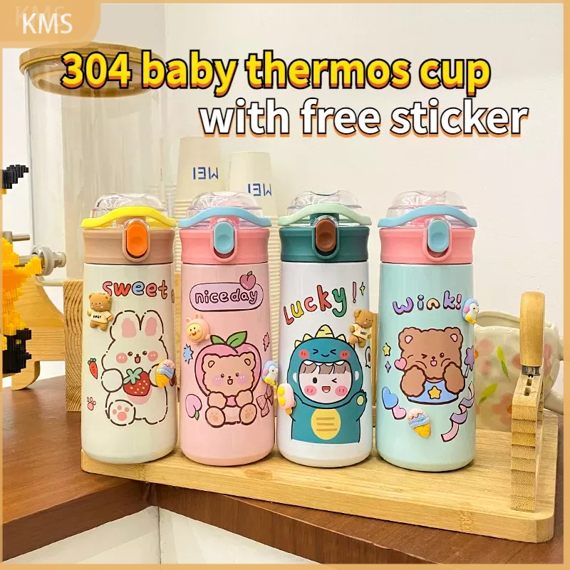 Botol Minum Thermos Portable 500ml Bahan Stainless Steel 304 Dengan Sedotan Stiker Kartun