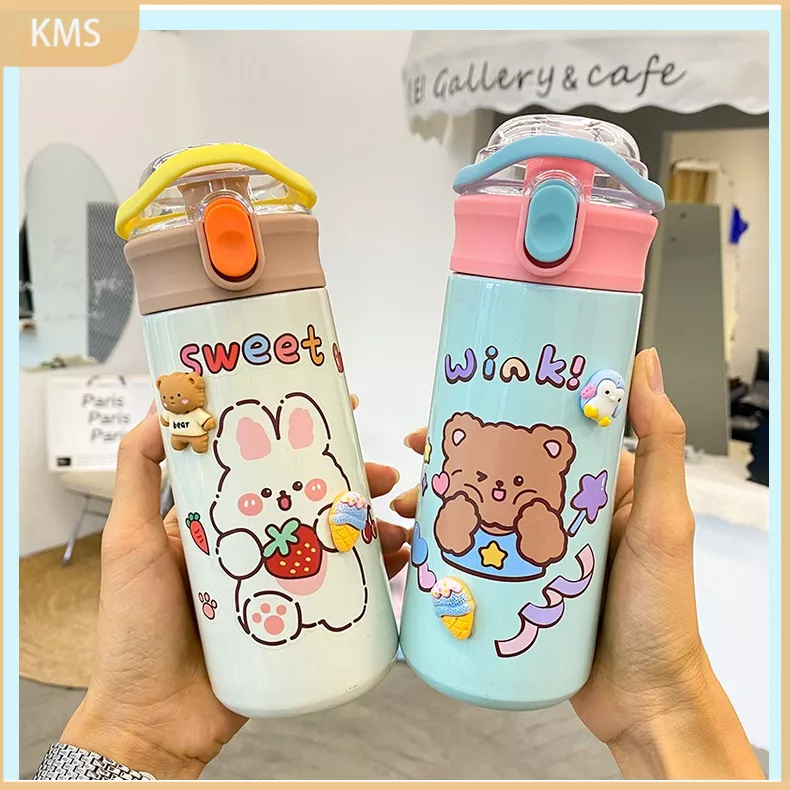 Botol Minum Thermos Portable 500ml Bahan Stainless Steel 304 Dengan Sedotan Stiker Kartun