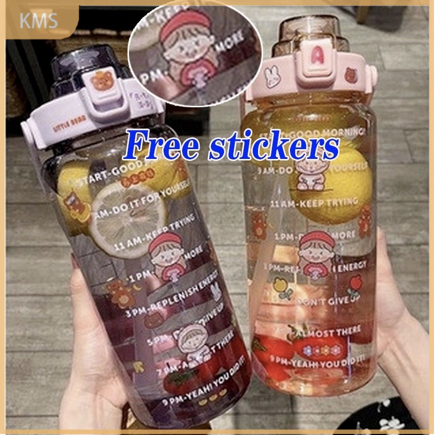 Dengan stiker ！BOTOL MINUM 2 LITER BOTOL AIR PENANDA WAKTU MOTIVASI QUIFIT