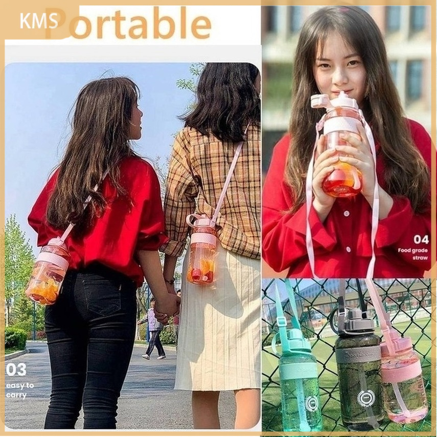 【fREE GIF- Strap + straw】2000ML Botol Air Trendy Kapasitas Besar Botol Sport Olahraga Besar Murah botol minum water bottle