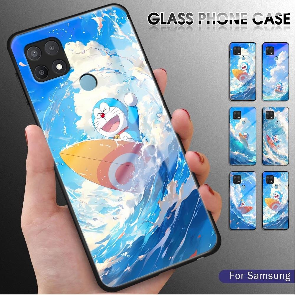 For OPPO A15 A15S Cartoon Doraemon Glossy Tempered Glass Case Scratch-Resistant Rear Cover Casing