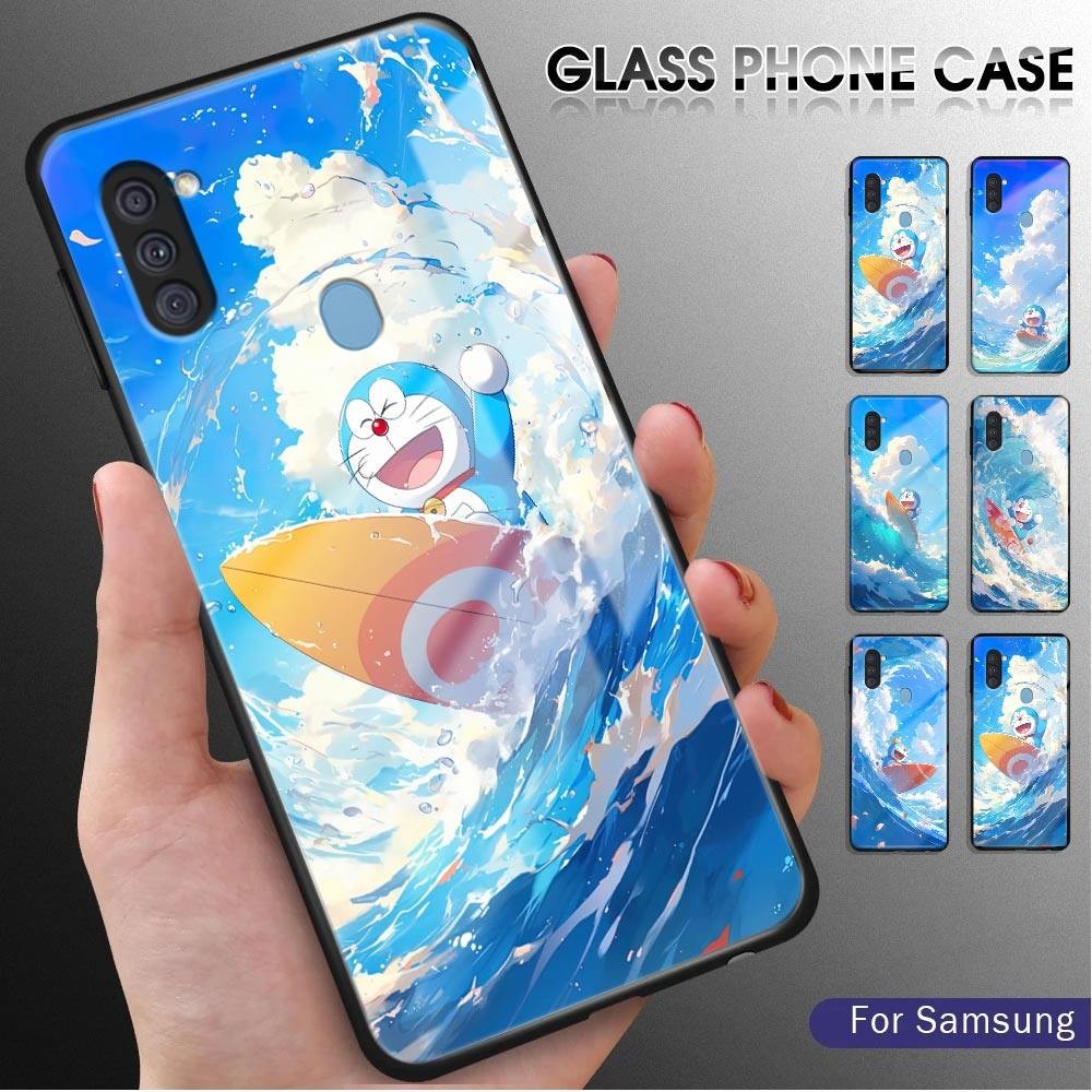 For Samsung Galaxy A11 M11 Cartoon Doraemon Glossy Tempered Glass Case Scratch-Resistant Rear Cover 