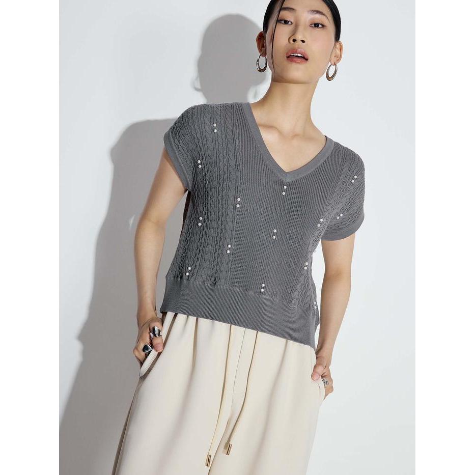 Love Bonito - Atasan Wanita - Relaxed Pearl Embellished Cable Knit Shell Top - Grey