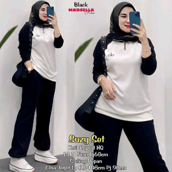 Suzy Set Baju Knit import Celana Joger Setelan Baju Olahraga Muslim Wanita Atasan dan Bawahan